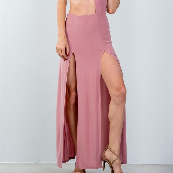 Cutout thigh high slit sexy mauve maxi dress - Picture 2 of 5